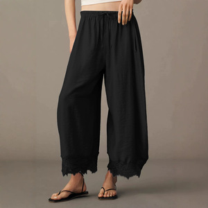 Nouveau design 2026 – <span class=keywords><strong>Pantalon</strong></span> palazzo large pour <span class=keywords><strong>femme</strong></span> avec ourlet en dentelle, coupe décontractée et <span class=keywords><strong>taille</strong></span> élastique pour l'été - Product Image 3