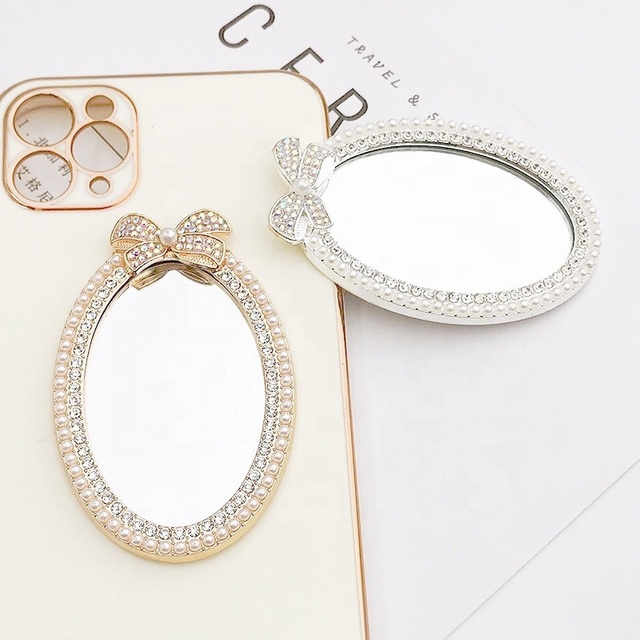 Newest Product Oval Decoration Mirror Mobile Phone Case Pearl Diamond Bowknot Lens Mobile Phone Accessory