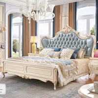 Lit double de style européen en bois massif et cuir véritable, inspiré du style néoclassique français, avec tête de lit plate de 18m/15m de largeur