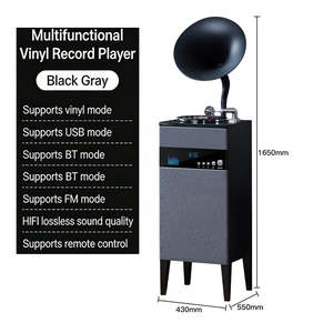 Tocadiscos Inalámbrico BT Moderno con Base, Radio FM USB, 3 Velocidades, Todo en Uno, Decoración de Audio para el Hogar, Madera y Metal - Product Image 3