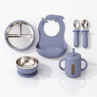 Ensemble de vaisselle pour bébé en acier inoxydable, assiette, bavoir en silicone étanche et cuillère, personnalisable en gros, sans BPA, pour l'alimentation des enfants