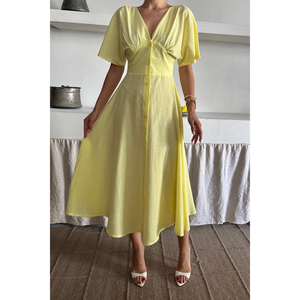 Robe en lin à col en V boutonnée devant, jaune, style midi pour femme, tenue d'été, taille S - Product Image 3