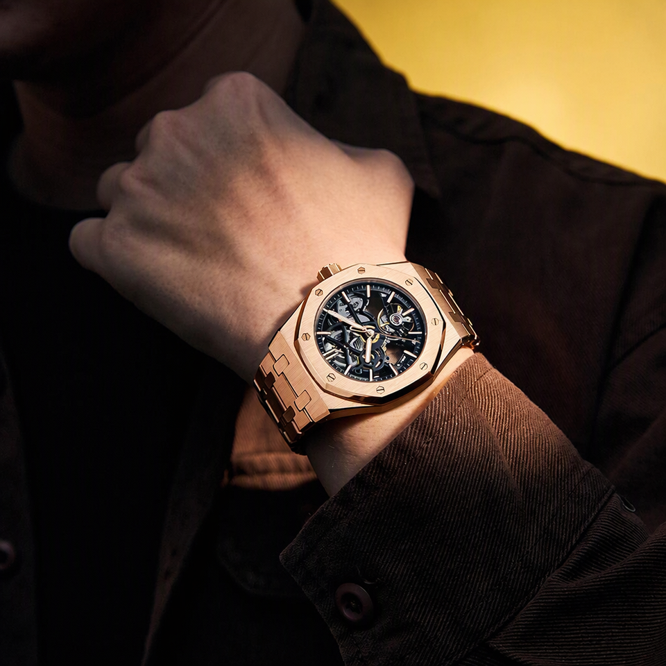 Octogon Shell Custom Logo Mens Automatic Mechanical Watch Skeleton Dial Tourbillon ...