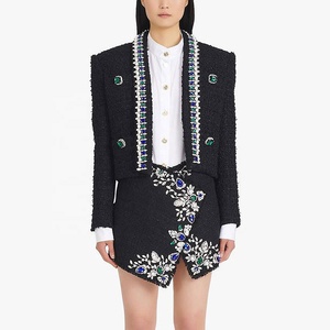 AIMEISI高端冬季女士花呢两件套优雅串珠上衣羊毛开衫夹克两件套女裙 - Product Image 1