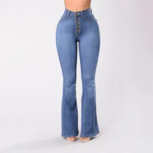 Quần Bò Ống Loe Cạp Cao Mới Quần Bò Nữ Cắt Vải Denim Màu Xanh Quần Ống Loe Thời Trang Quần Bò Bó Sát Cho Nữ