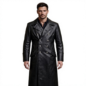 <b>Men</b> Genuine Leather <b>Long</b> Trench <b>Coat</b> Double Breasted Notched Lapel With Button Closure Regular Fit - Product Image 1