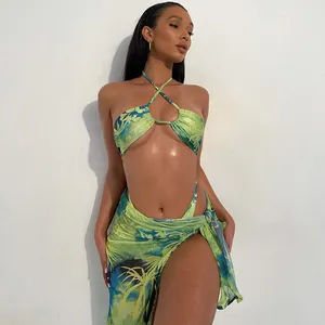 2022 Sexy Green Print Swimsuit 3 piece Mesh Bikini Set Triangle Micro Bikini String Halter Swimwear Women Low Waist Bathing Suit