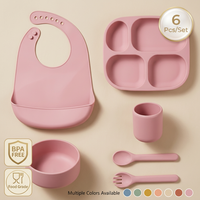Ensemble de sevrage pour enfants : bol, assiette, tasse à bec, bavoir en silicone de qualité alimentaire sans BPA, motif dessin animé, vaisselle sûre pour bébé
