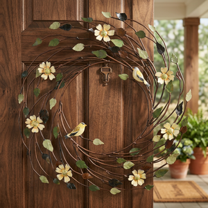 Corona de metal rústica con flores y pájaros, hecha a mano, decorativa para colgar en la pared, de forma redonda, sin iluminación, estilo artesanal. - Product Image 5