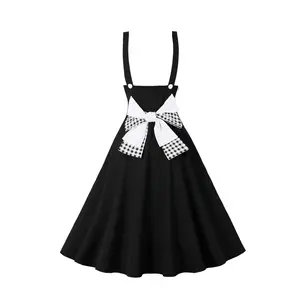 Black Vintage Suspender Long Pinafore Dresses for Women Double Breasted Retro Black Bow Harajuku Coaplay Flare Dress SR1447