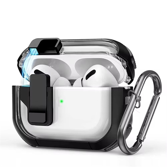 Clear Magnetic Automatic Locking Buckle Earphone Protective Case for Airpods 4 3 2 1 / Pro 3 2 TPU+PC Armor Cover +HOOK