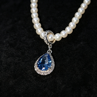 Collier en or massif 14 carats, perle d'eau douce naturelle de 3 mm, pendentif en topaze bleue suisse de 5*7 mm, halo de diamants naturels, bijoux fins