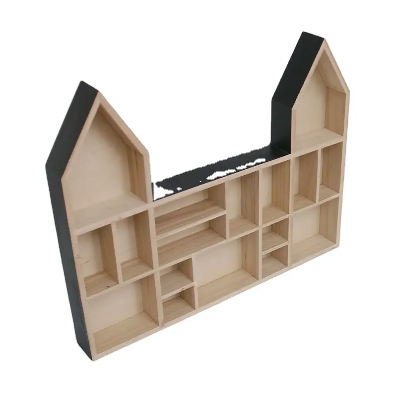 Caja de madera con forma de casa para montar en la pared, para piedras y modelos de coches, estante de habitación de niños