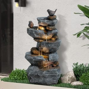 <span class=keywords><strong>Fontaine</strong></span> d'eau en cascade à 5 niveaux en résine de roche <span class=keywords><strong>solaire</strong></span> d'extérieur Grepatio avec 4 lumières LED résistantes aux intempéries pour jardin, patio, cour, terrasse - Product Image 1