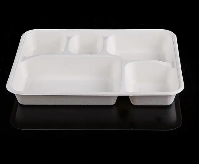 डिस्पोजेबल 5 डिब्बों गन्ना लुगदी प्लेटें lids के साथ ट्रे खाद्य कंटेनर