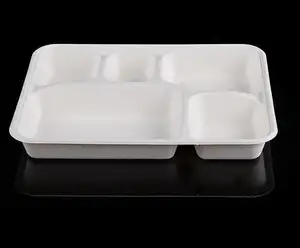 Einweg-Zuckerrohr-Zellstoff platten mit 5 Fächern Tablett Lebensmittel behälter mit Deckel