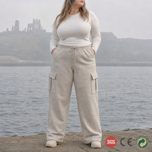 Pantalon cargo droit sur mesure grande taille pour femme, en molleton mélangé laine 450g, taille à cordon de serrage, poches latérales, du S au 5X - Product Image 1