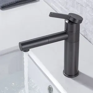 Unique Deck Mounted Hot Cold Water Mixer Ceramic Valve Core Water Tap Pull Out Spray Grey Color Home Basin Faucet
