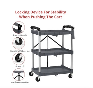 Chariot utilitaire pliable avec roues verrouillables, chariot de service roulant portable à 3 niveaux - Product Image 2