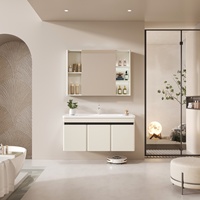 Ensemble de meuble-lavabo de salle de bain moderne blanc crème avec armoire à miroir LED, unité de lavabo murale en acier inoxydable et PVC pour la maison et l'hôtel