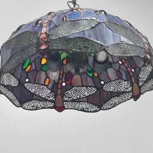 LongHuiJing 16-Inch Wide Tiffany Style Dome Pendant <b>Light</b> Colorful Dragonfly Stained Glass Shade Adjustable Height Middle Size - Product Image 6