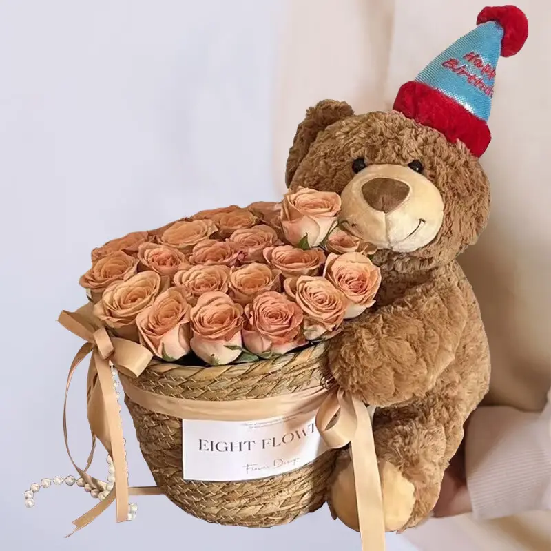 Nueva tendencia flor artificial en cesta con oso de peluche colorido para siempre eternas rosas preservadas Infinity preserved Rose regalo