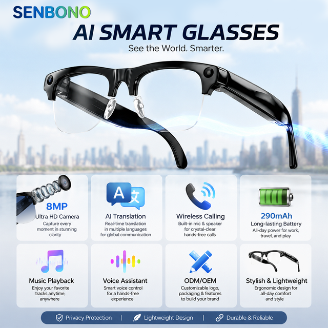 For M96 Smart Glasses AI Translation 8MP 1080P Video Recording WiFi Transmission IPX-4 Waterproof Magnetic Charging 290mAh
