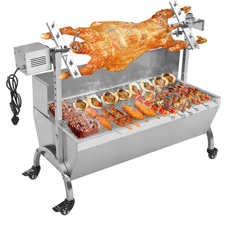 중국 대형 스테인레스 스틸 회전 큰 상업 돼지 숯 회전 바베큐 바베큐 그릴 기계 가격 레스토랑