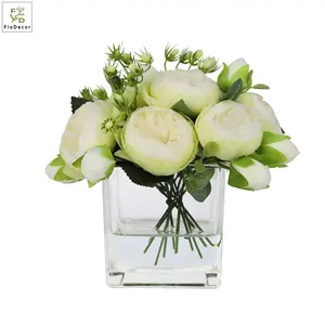 高品质定制高级人造玫瑰花插花配方形花瓶和树脂水