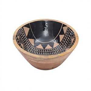 Tazón Decorativo de Madera de Mango Hecho a Mano con Diseño Geométrico Esmaltado en Negro, Tazón para Servir, Tazón de Madera Rústico para Frutas - Product Image 1