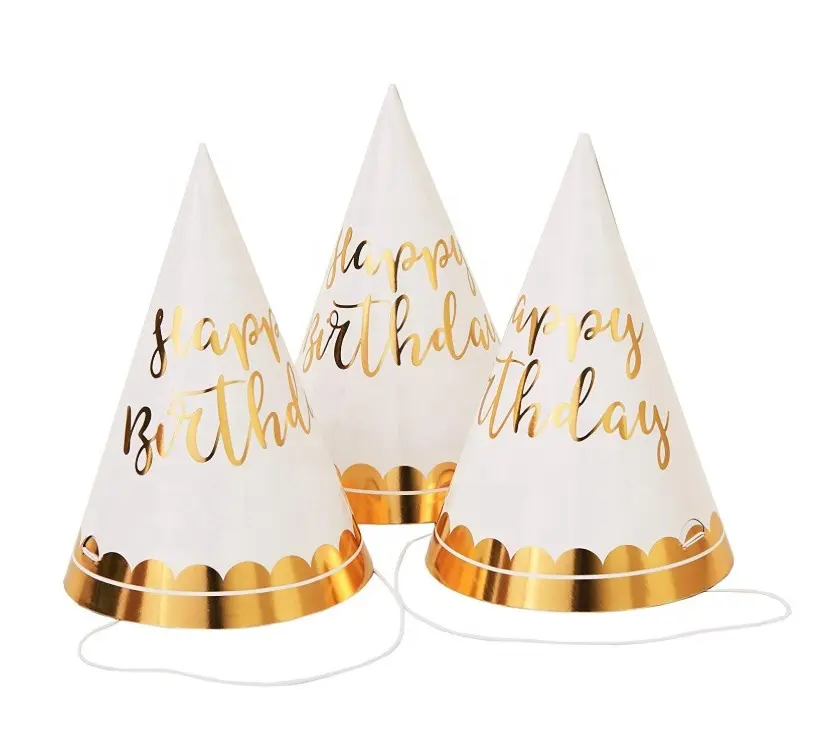 12 Pak Foil Emas Selamat Ulang Tahun Topi Pesta Kerucut Kertas Mengias Topi Kerucut untuk Orang Dewasa dan Anak-anak