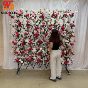 Nouvelle conception élégante : Mur de fleurs artificielles roses 8x8 pieds avec support pliable sur roulettes pour décoration florale de scène de mariage - Product Image 2