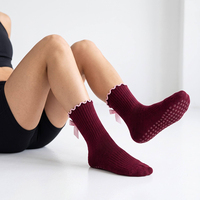 Chaussettes de Pilates personnalisées marron, respirantes, en coton premium côtelé, avec joli nœud, pour le yoga et le ballet, pour femmes