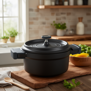Casseruola con coperchio nero, cocotte rotonda da 2,5 litri, pentola olandese per uso su fornello e forno - Product Image 3