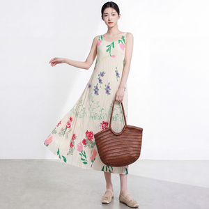 Romantic Floral Print Chiffon Midi <b>Dress</b> Ruffles Sleeveless Pleated Hem Modern Fit Polyester Breathable Summer Autumn Ruched - Product Image 2