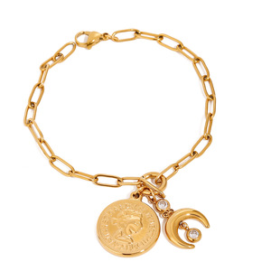 Pulsera de Moda con Dijes, Bañada en Oro, Colgante de Moneda y Luna con Incrustaciones de Zirconia, Joyería de Regalo - Product Image 1