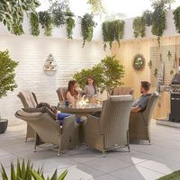 Ensemble de mobilier de jardin luxueux pour patio extérieur, foyer rond de 1,5 m, table de foyer, 6 chaises de salle à manger réglables, ensemble de salle à manger d'extérieur