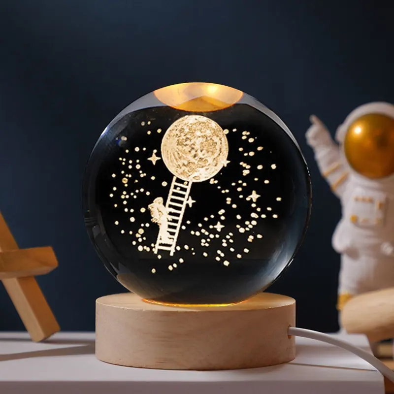 3d Gesneden Kristallen Nachtlampje Gloeiend Planetaire Kristallen Bol Slaapkamerbureau Decoratieve Ornamenten Kerstcadeau Nachtlampje