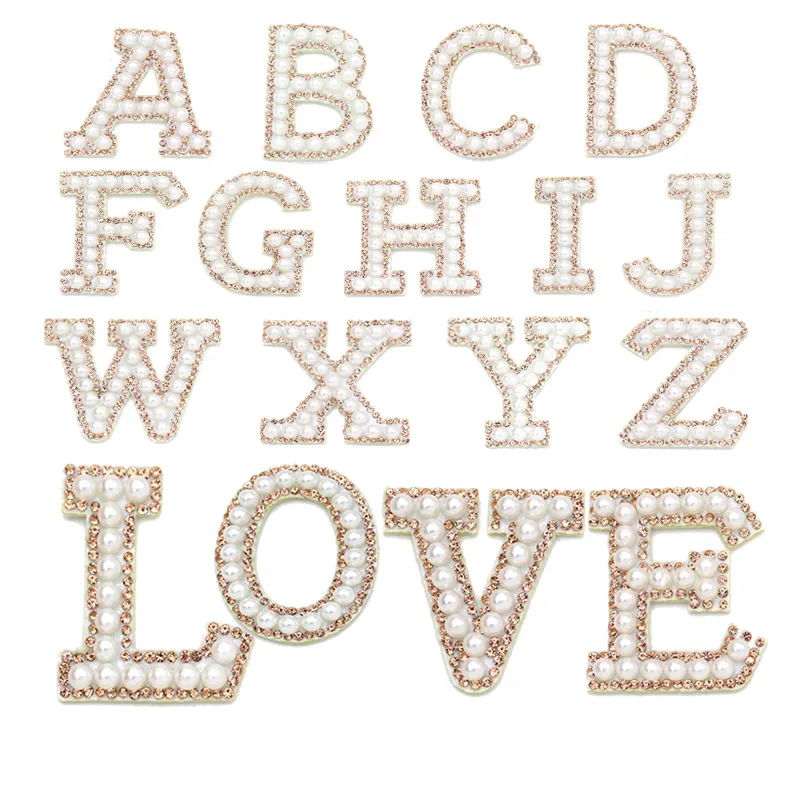 Custom Pearl Rhinestone Palabras Alfabeto Hierro en letras Parches 3D Pearl Letter Parches