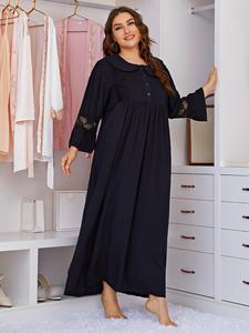 KISS ME ANGEL Pyjamas grande taille 1XL-4XL, chemise de nuit à manches longues avec col bébé, dentelle élégante, vêtements de nuit noirs pour femmes - Product Image 5