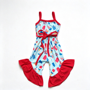 Combinaison pour filles en soie de lait imprimée, à bretelles spaghetti, avec motifs rose, licorne, lettres et sucettes glacées, avec lien à nouer à la taille et jambes évasées à volants, pour tout-petits et enfants - Product Image 3