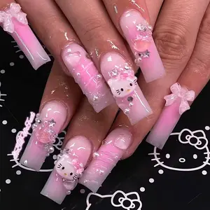 High Quality 100% 3D Crystal Kawaii Pink Cartoon Resin Handmade Press On Nails Artificial Fingernails Customized False Nails