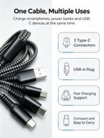 Cable de Carga Togudu T-255 Tres en Uno USB-A a Tipo-C, Trenzado de Nailon, Junta Reforzada Duradera, Multipuerto para Teléfono Móvil