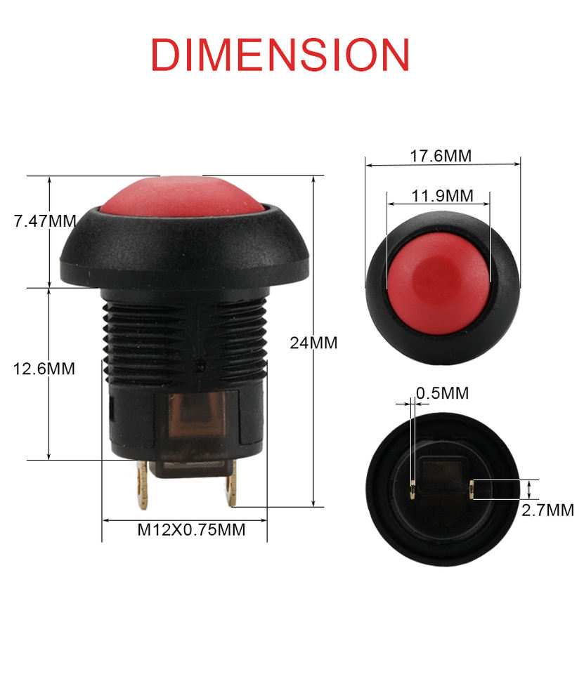 12MM Mounting Hole Moushroom Head Push Button Switch 2Pin Latching IP67 Waterproof Plastic Mini Push Button Switch Without LED