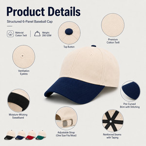 Custom Logo 6-Panel Baseball Cap Structured Fit Contrast Visor Premium Cotton Wholesale Adjustable <b>Sun</b> <b>Hat</b> Ivory Tan - Product Image 4