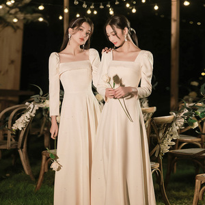 Bridesmaid Dresses Elegant Long Sleeve Satin Sheath Sweetheart Neckline Champagne Color For Best Friends And Bridesmaids - Product Image 4