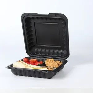 9 "X 9" Nampan Salad Clamshell Biodegradable untuk Makanan Kotak Plastik Restoran Hitam Mengambil 3 Kompartemen untuk Pergi Wadah