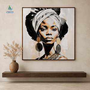 Dipinto Murale di Alta Qualità con Ritratto Etnico di Regina Africana, Orecchini a Strati e Turbante - Product Image 1