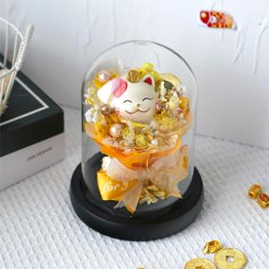 Chat porte-bonheur en fleurs préservées sous cloche en verre, <span class=keywords><strong>Maneki</strong></span>-<span class=keywords><strong>neko</strong></span> avec éclairage LED, arrangement floral éternel, cadeau pour l'inauguration - Product Image 3