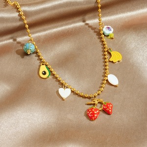 Fruit Pendant Necklace Zinc Alloy Strawberry Banana Avocado Charm Jewelry Gift Fashion Beaded Chain - Product Image 2